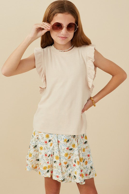 Cream ribbed ruffle sleeve tank
