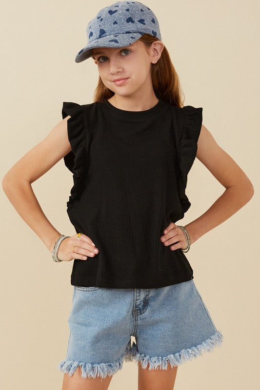 Black ribbed ruffle sleeve tank