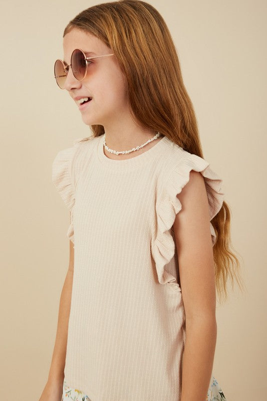 Cream ribbed ruffle sleeve tank