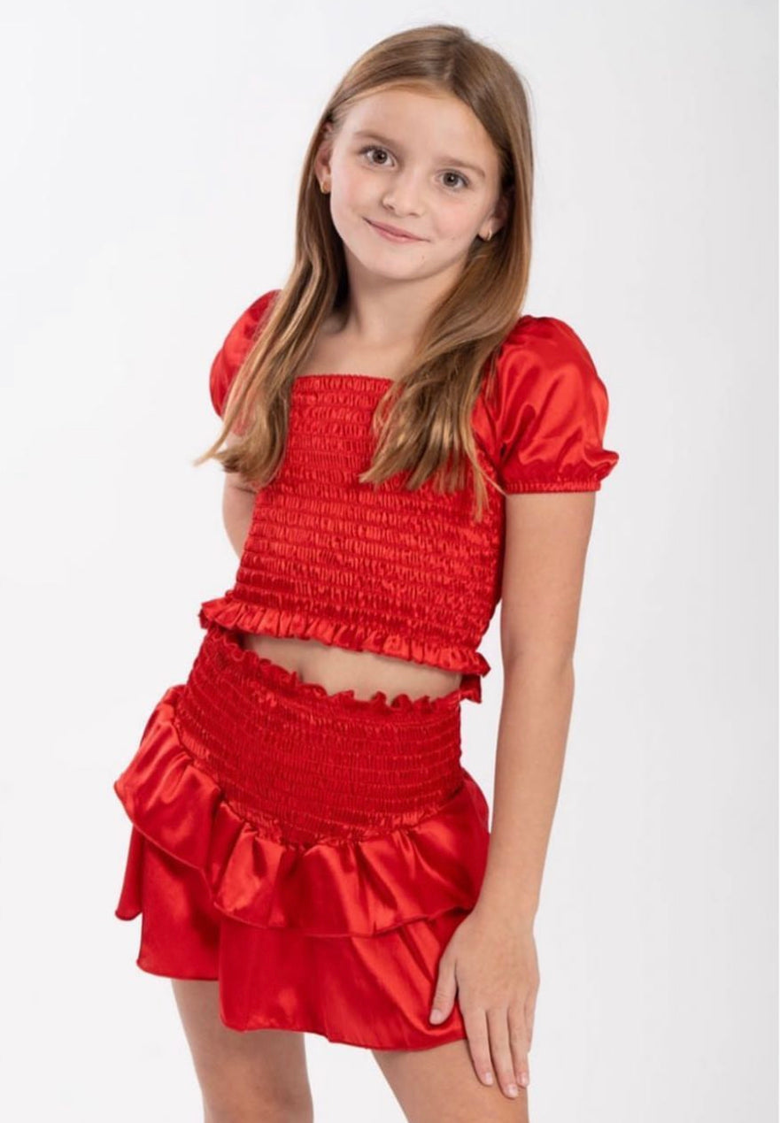 Red satin smocked set