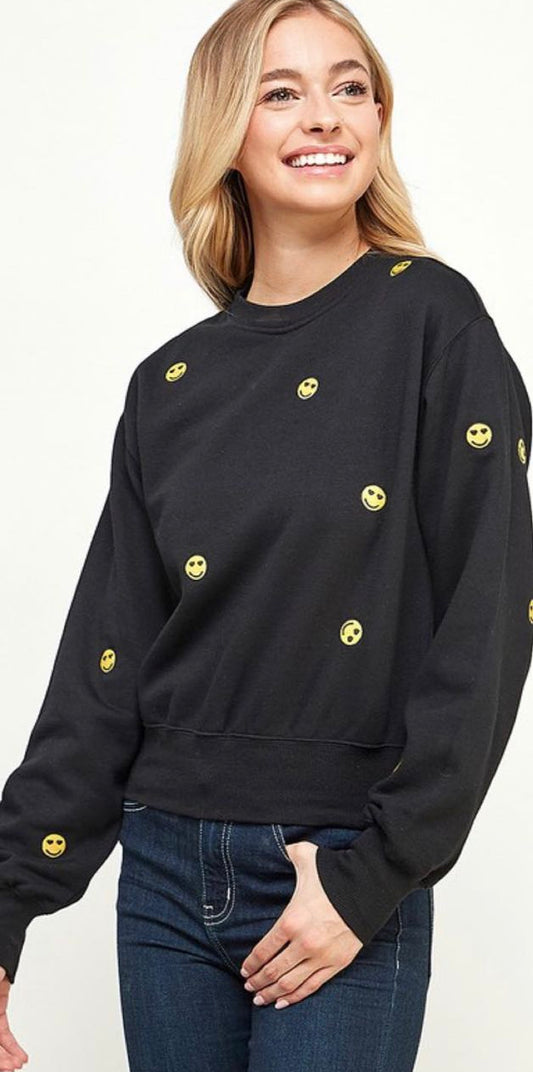 Embroidered smiley black sweater adult