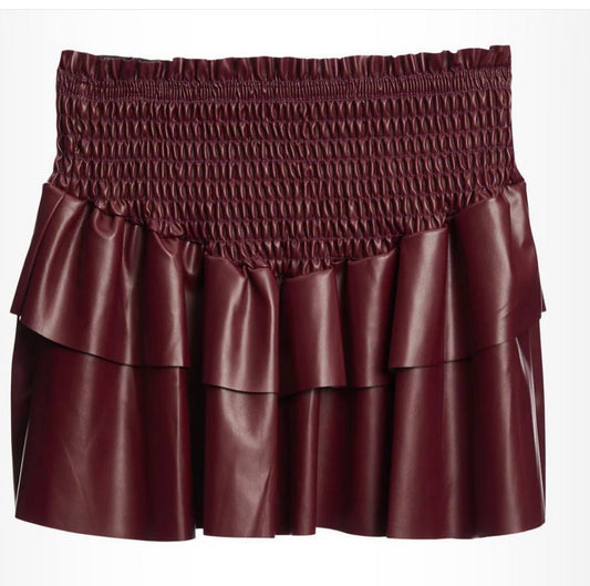 Burgandy faux leather smocked skirt