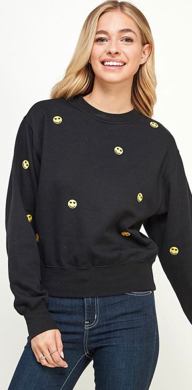 Embroidered smiley black sweater adult