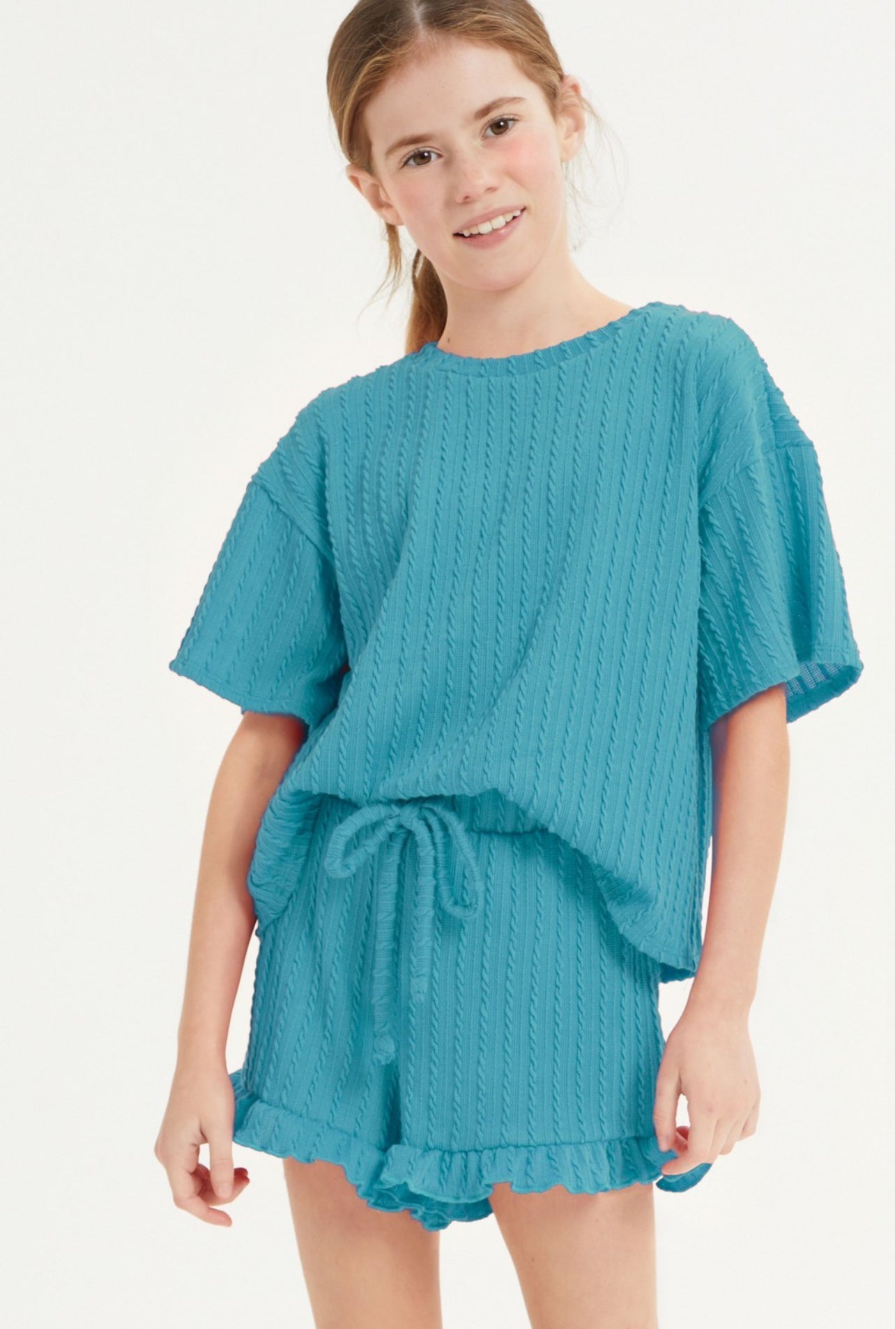 Ribbed ruffle set in teal